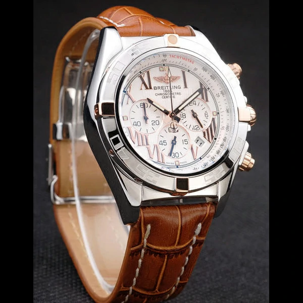 Breitling Chronomat Yellow Gold Highlight Brown Leather Strap Roman Number White Dial new58052