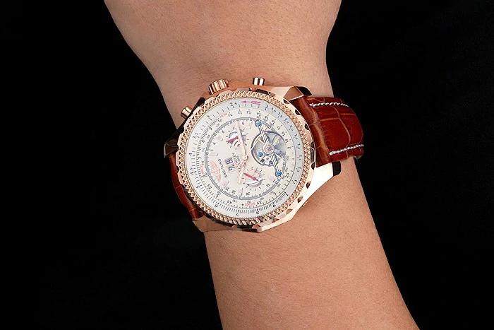 Breitling For Bentley Mulliner Tourbillon White Dial Rose Gold Case Brown Leather Strap new121913