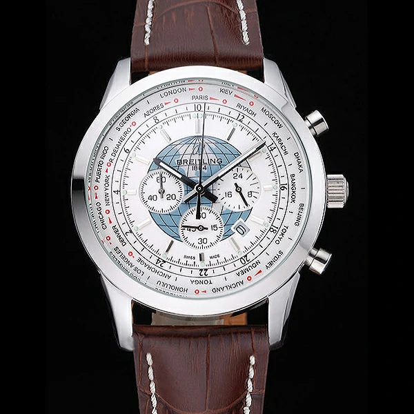 Breitling Transocean Chronograph Unitime White Dial Stainless Steel Case Brown Leather Bracelet new60140