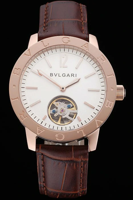 Bvlgari Tourbillon White Dial Gold Case Brown Leather Strap new121224