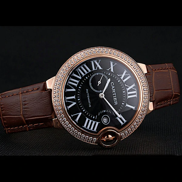 Cartier Ballon Bleu Diamond Case Black Dial Brown Leather Bracelet new60605
