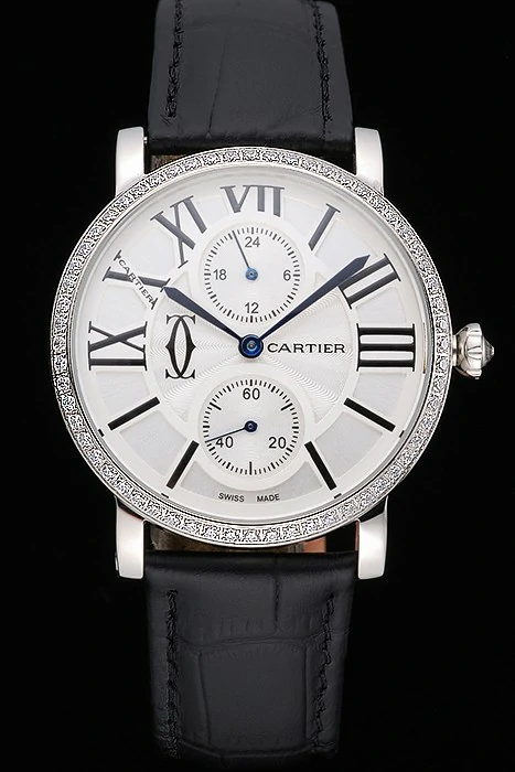 Cartier Ronde Second Time Zone White Dial Stainless Steel Case With Diamonds Black Leather Strap new120947