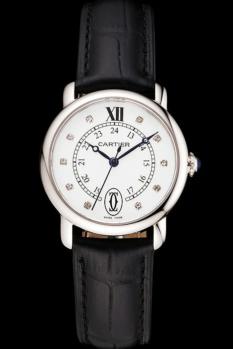 Cartier Ronde White Dial Diamond Hour Marks Stainless Steel Case Black Leather Strap new122572