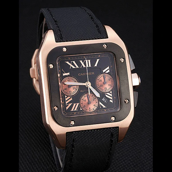 Cartier Santos Rose Gold Bezel with Black Dial and Black Fabric Strap new59616