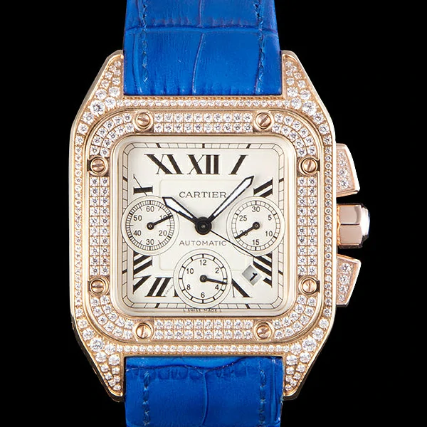 Cartier Santos Rose Gold Bezel with Diamonds and Blue Leather Strap new59622
