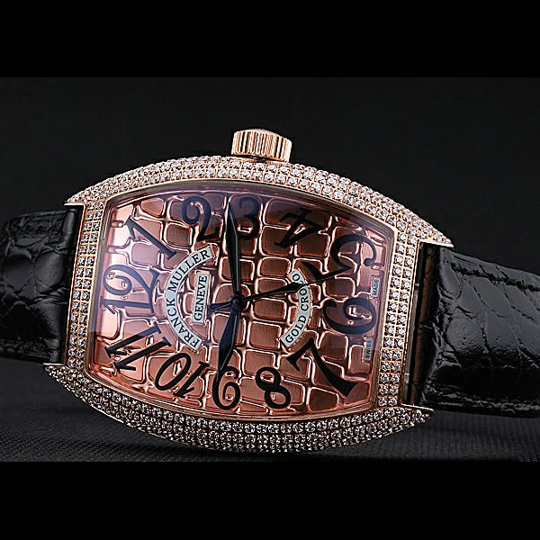Franck Muller Gold Croco Diamonds Case Black Leather Strap new60247