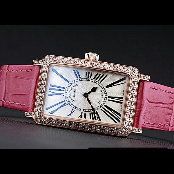 Franck Muller Long Island Classic White Dial Diamonds Case Pink Leather Band new60268