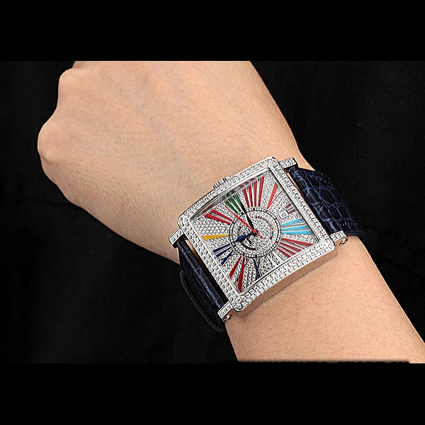 Franck Muller Master Square Color Dreams Diamonds Dial Diamonds Case Blue Leather Strap new60254