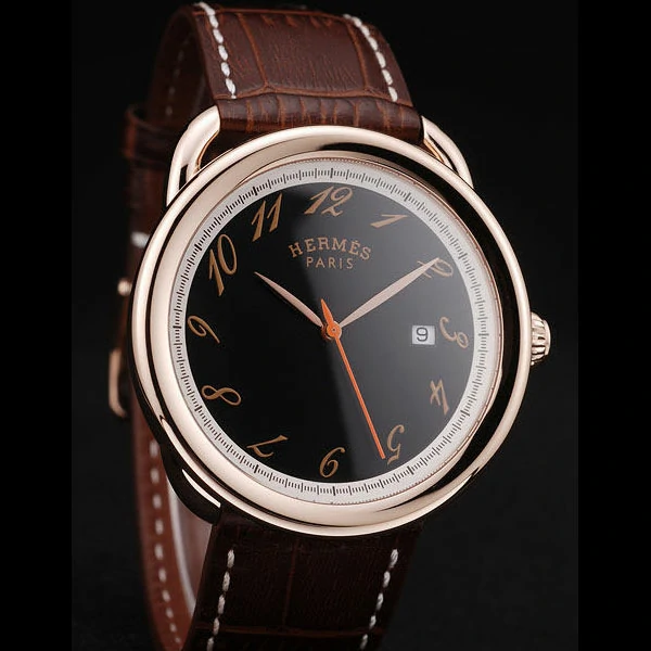 Hermes Arceau Black Dial Brown Leather Strap new58709