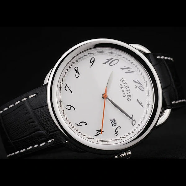 Hermes Arceau White Dial Black Leather Strap new58707