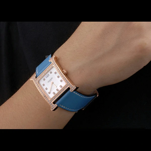 Hermes Heure H Rose Gold Diamond Encrusted Bezel Blue Leather Strap White Dial new59202