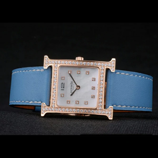 Hermes Heure H Rose Gold Diamond Encrusted Bezel Blue Leather Strap White Dial new59202