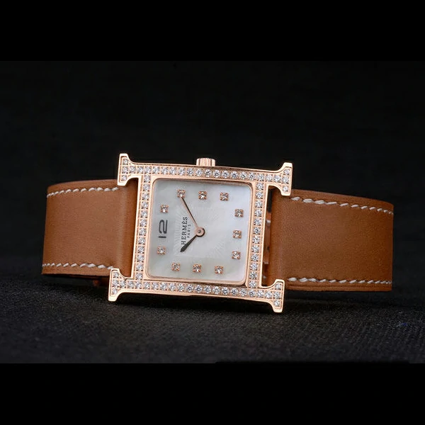 Hermes Heure H Rose Gold Diamond Encrusted Bezel Tan Leather Strap White Dial new59200