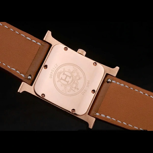 Hermes Heure H Rose Gold Diamond Encrusted Bezel Tan Leather Strap White Dial new59200