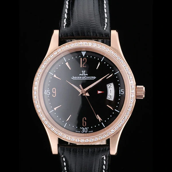 Jaeger Le Coultre Master Control Crystal Encrusted Bezel Black Leather Strap new58950
