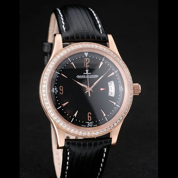 Jaeger Le Coultre Master Control Crystal Encrusted Bezel Black Leather Strap new58950