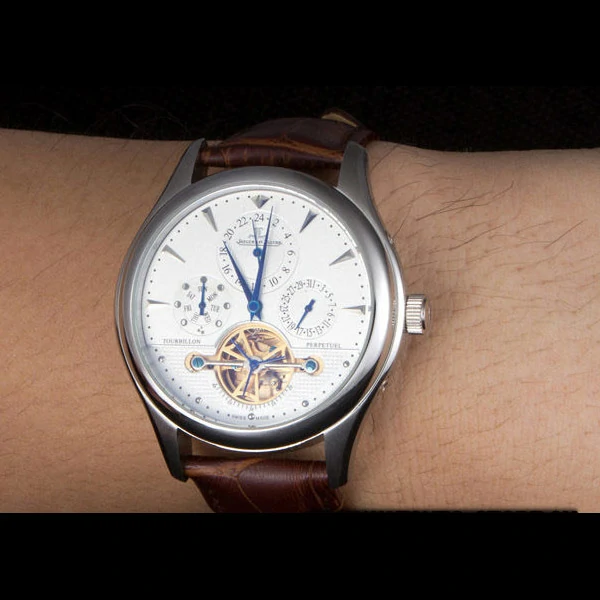 Jaeger Lecoultre Tourbillon Perpetuel Silver Bezel Brown Leather Band new59708