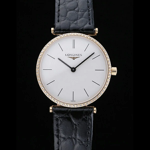 Longines La Grande Classique White Dial Diamond Bezel Black Leather Band Homme new60035