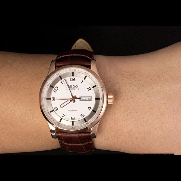 Mido Multifort Brown Croco Leather Strap White Silver Dial new59276