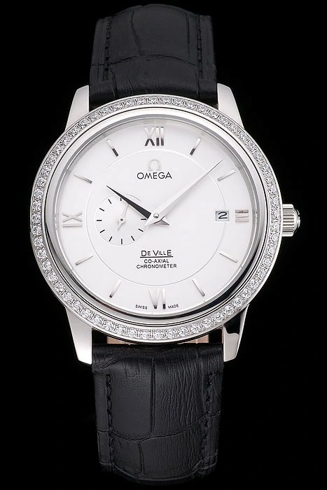 Omega De Ville Prestige Co Axial White Dial Silver Diamond Case Black Leather Strap Roman Numeral new121242