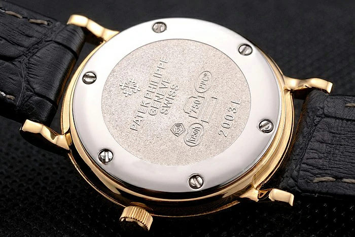 Patek Philippe Calatrava Black Dial Roman Numerals Double Ribbed Bezel Gold Case Black Leather Strap new122471
