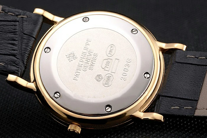 Patek Philippe Calatrava Black Dial Roman Numerals Ribbed Bezel Gold Case Black Leather Strap new122473