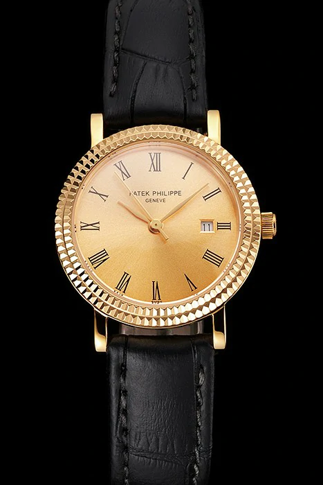 Patek Philippe Calatrava Gold Dial Roman Numerals Double Ribbed Bezel Gold Case Black Leather Strap new122478
