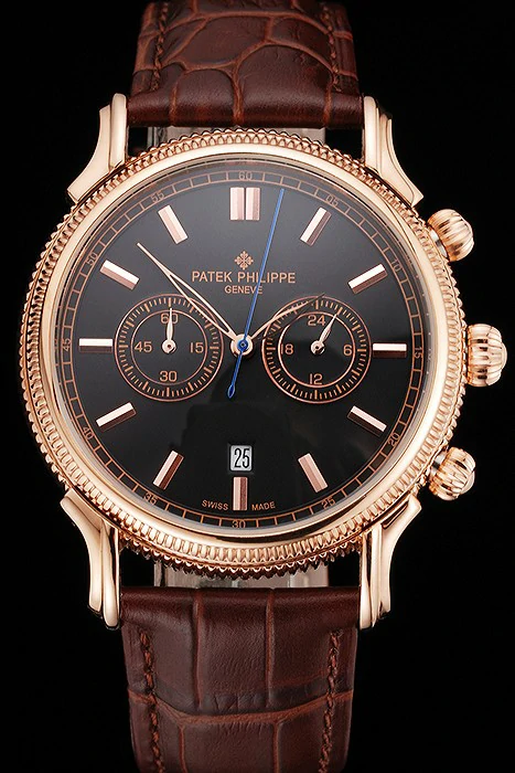 Patek Philippe Chronograph Black Dial Rose Gold Case Brown Leather Strap new122958