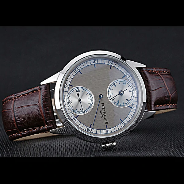 Patek Philippe Geneve Two Dial Gray Dial Stainless Steel Bezel Brown Leather Band new60046
