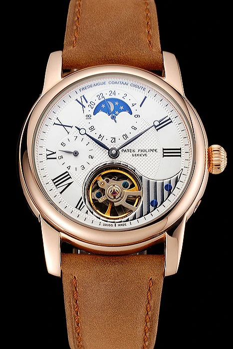 Patek Philippe Grand Complications GMT Moonphase Tourbillon White Dial Rose Gold Case Brown Suede Leather Strap new123924