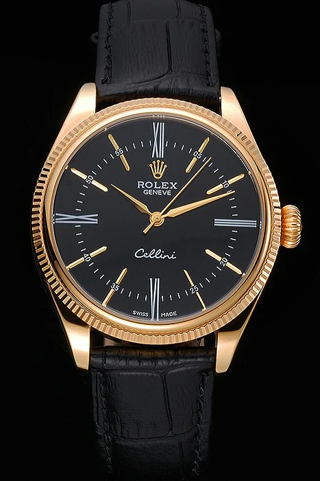 Rolex Cellini Black Dial Gold Case Black Leather Strap new120975