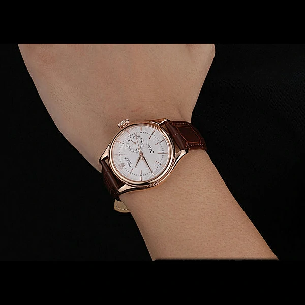 Rolex Cellini White Rose Dial Gold Case Brown Leather Bracelet new60651