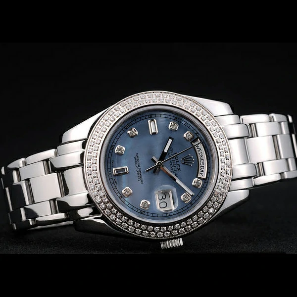 Rolex DayDate Diamond Plated Stainless Steel Bezel Blue Dial new58934