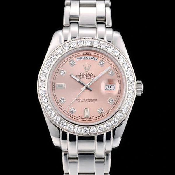 Rolex DayDate Diamond Plated Stainless Steel Bezel Rose Dial new58935