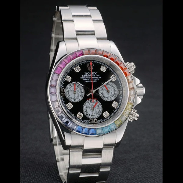 Rolex Daytona Cosmograph Rainbow Crystals Bezel Stainless Steep Strap Black Dial new59214