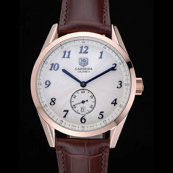Tag Heuer Carerra Calibre 6 White Dial Blue Numbers Brown Leather Band new60058
