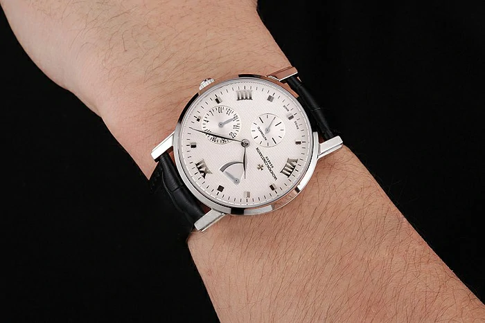 Vacheron Constantin Patrimony Quantieme Reserve De Marche White Dial Stainless Steel Case Black Leather Strap new123406