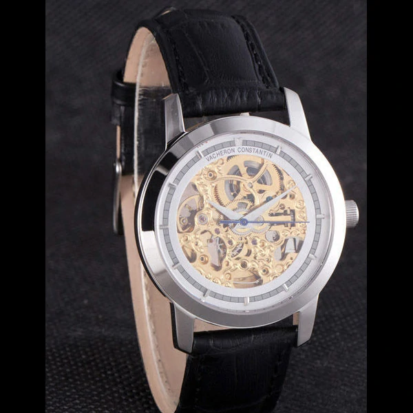 Vacheron Constantin White Skeleton Watch with Rose Silver Bezel and Black Leather Strap new59631